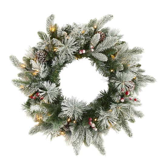 20&#x22; LED Flocked Mixed Pine &#x26; Berry Artificial Christmas Wreath